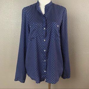 Zara blue and white tiny polka dot long sleeve button down blouse